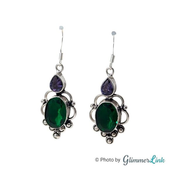Purple & Green Faceted Glass Stone Silver Tone Pierced Dangle Earrings - Picture 4 of 10
